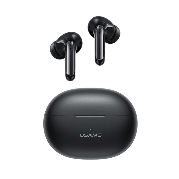 USAMS US-XD18 TWS In Ear Bluetooth Earphones in black, showcasing a sleek design and compact charging case.