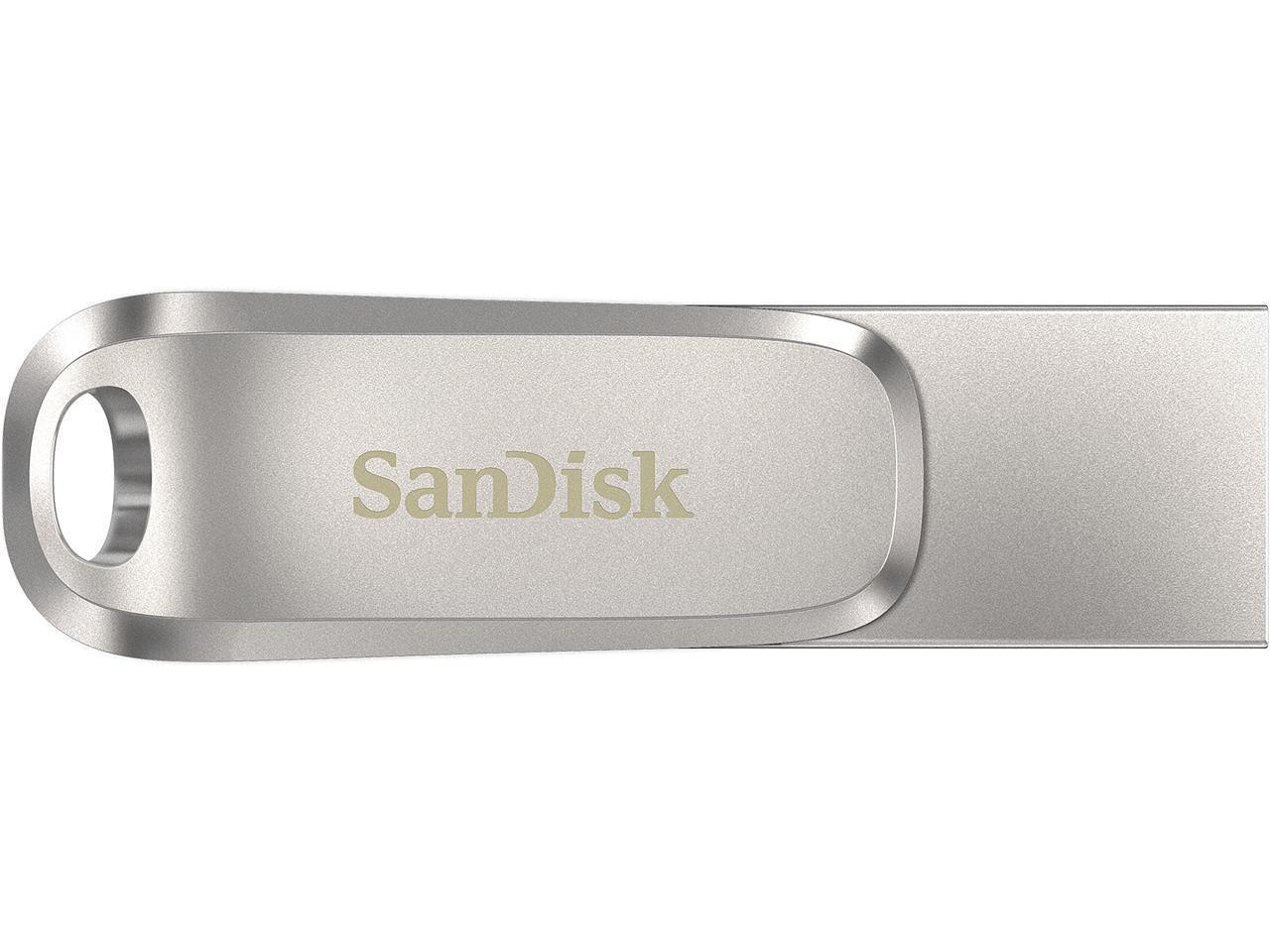 SanDisk 256GB Ultra Dual Drive Luxe USB Type-C Flash Drive with USB-A connector, showcasing its sleek metal design.