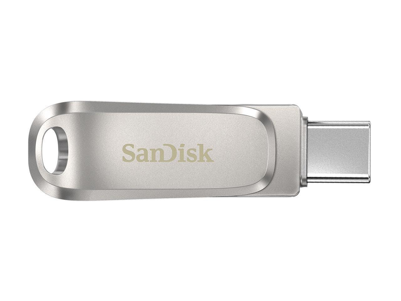 SanDisk 256GB Ultra Dual Drive Luxe USB Type-C Flash Drive with USB-A connector, showcasing its sleek metal design.