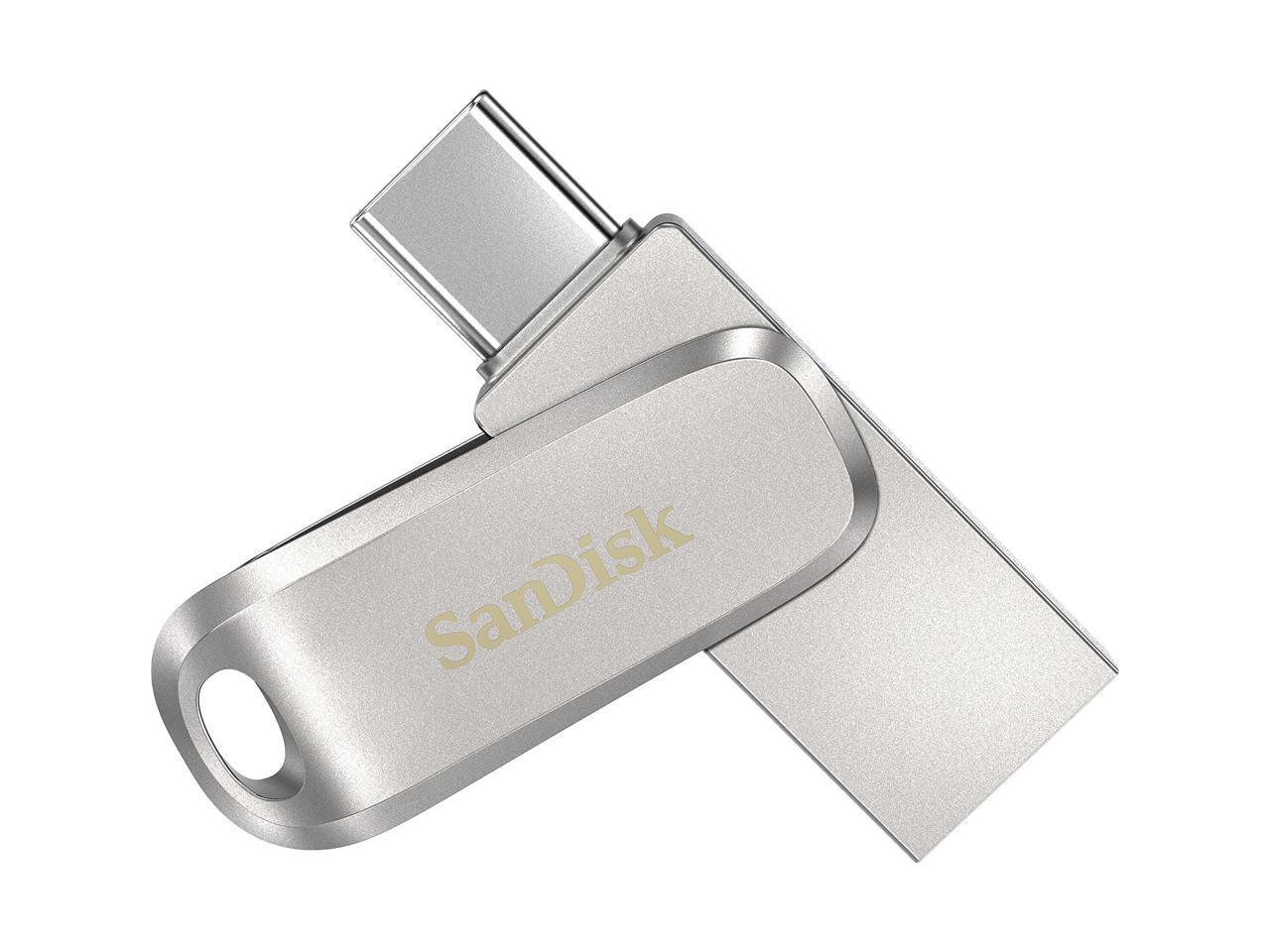 SanDisk 256GB Ultra Dual Drive Luxe USB Type-C Flash Drive with USB-A connector, showcasing its sleek metal design.