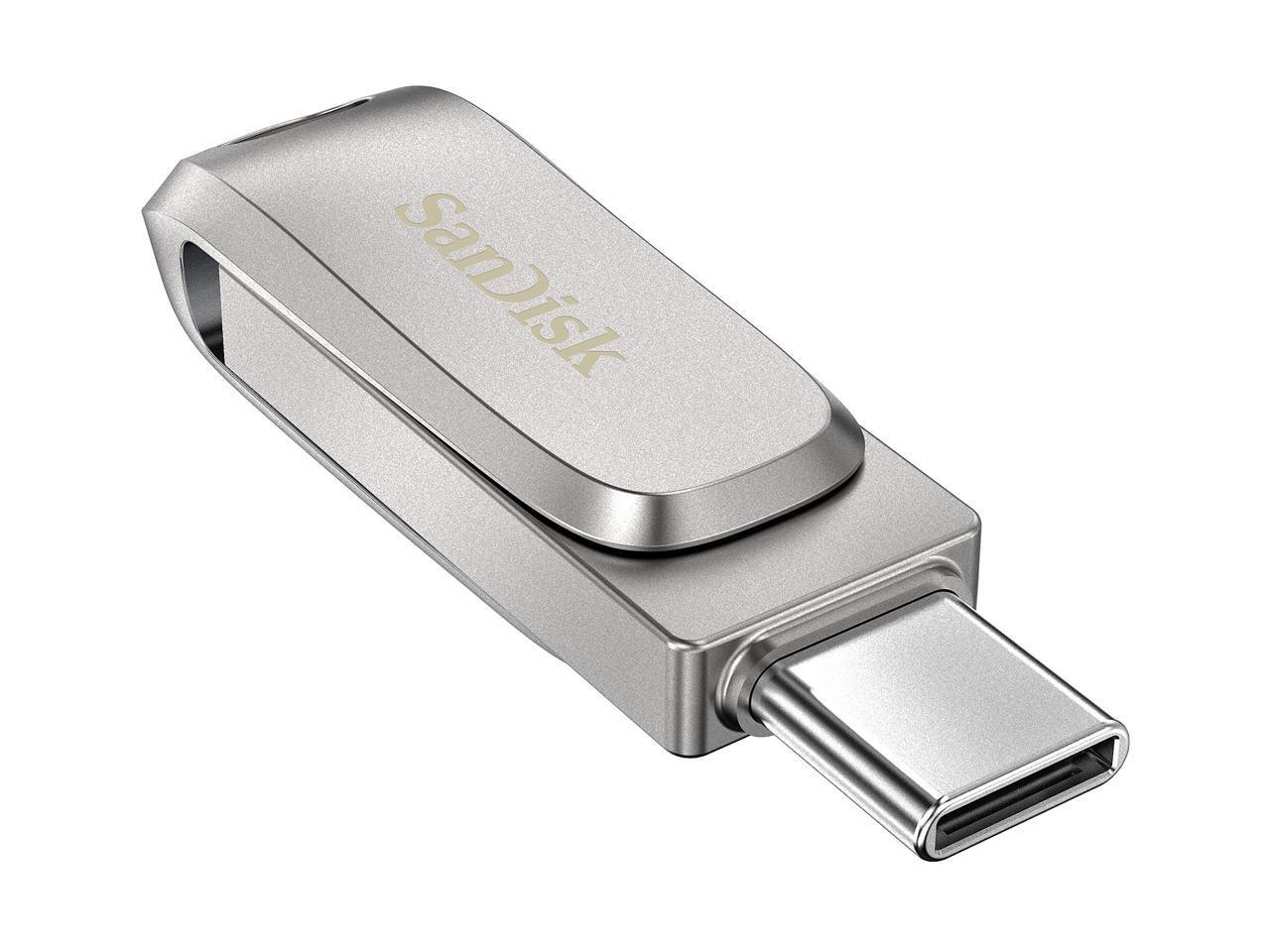 SanDisk 256GB Ultra Dual Drive Luxe USB Type-C Flash Drive with USB-A connector, showcasing its sleek metal design.