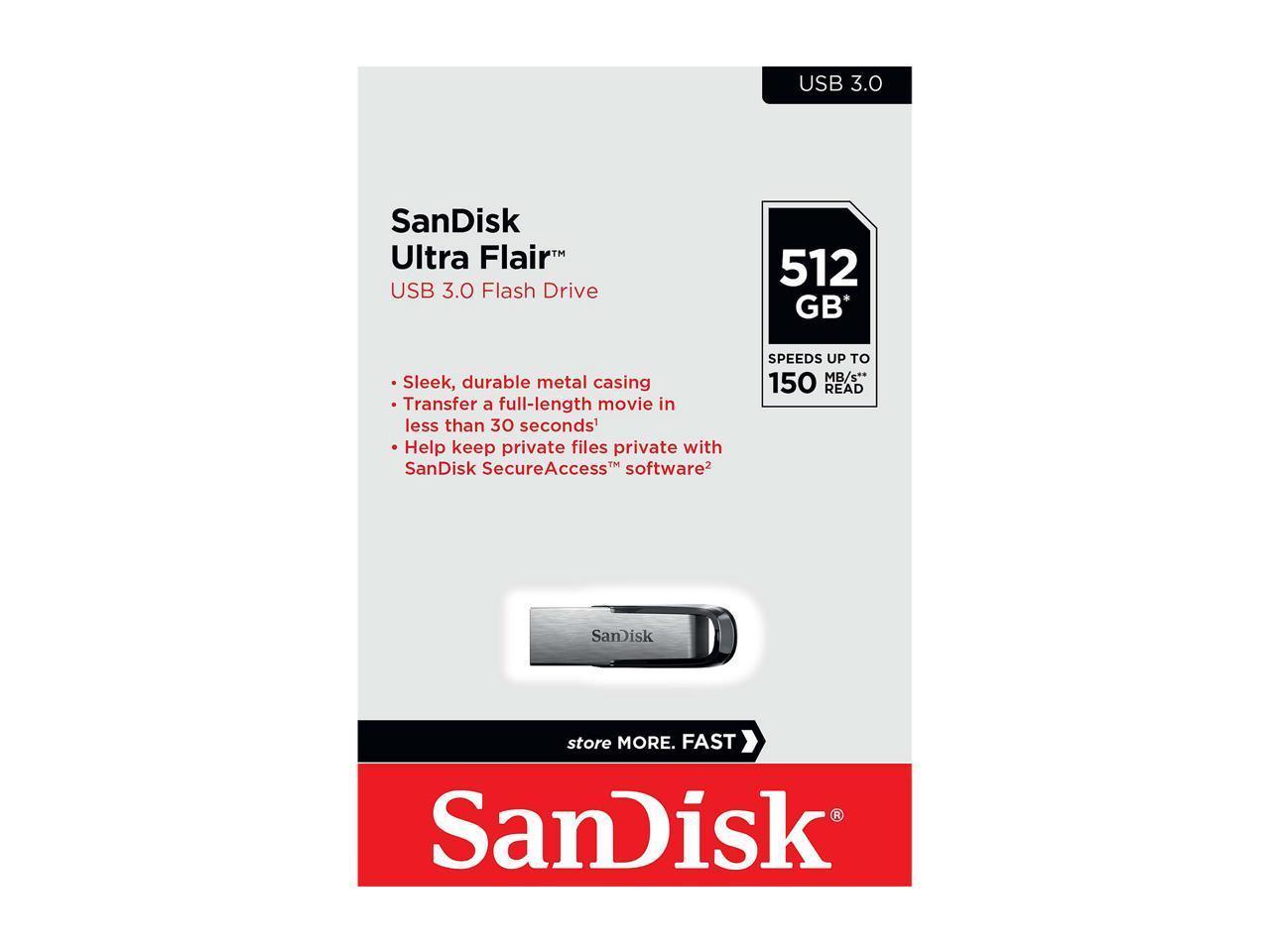 SanDisk 512GB Ultra Flair CZ73 USB 3.0 Flash Drive with sleek design and USB connector.