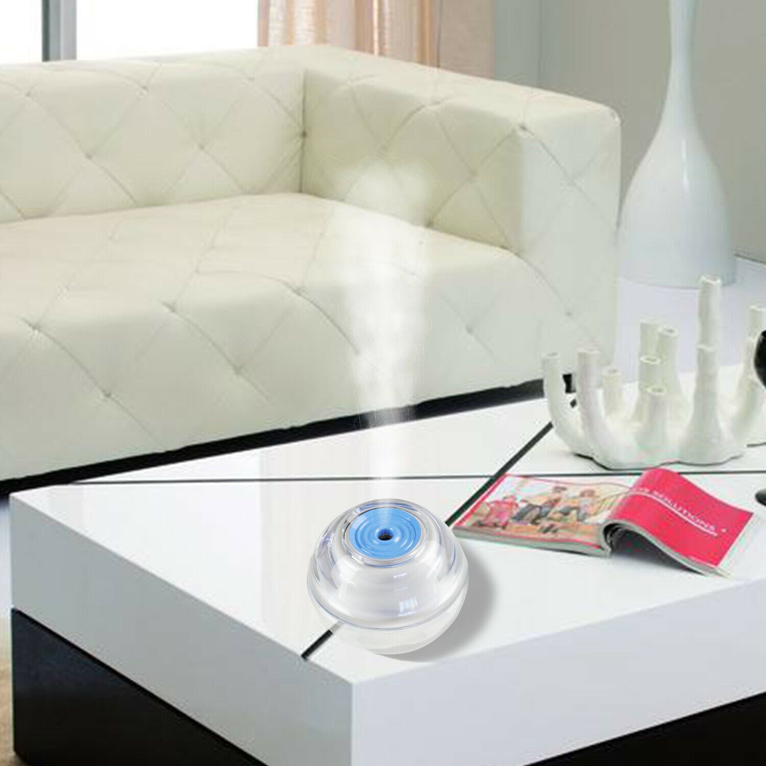 USB Air Humidifier with ultrasonic mist and LED nightlight, featuring a compact design and warm color illumination.