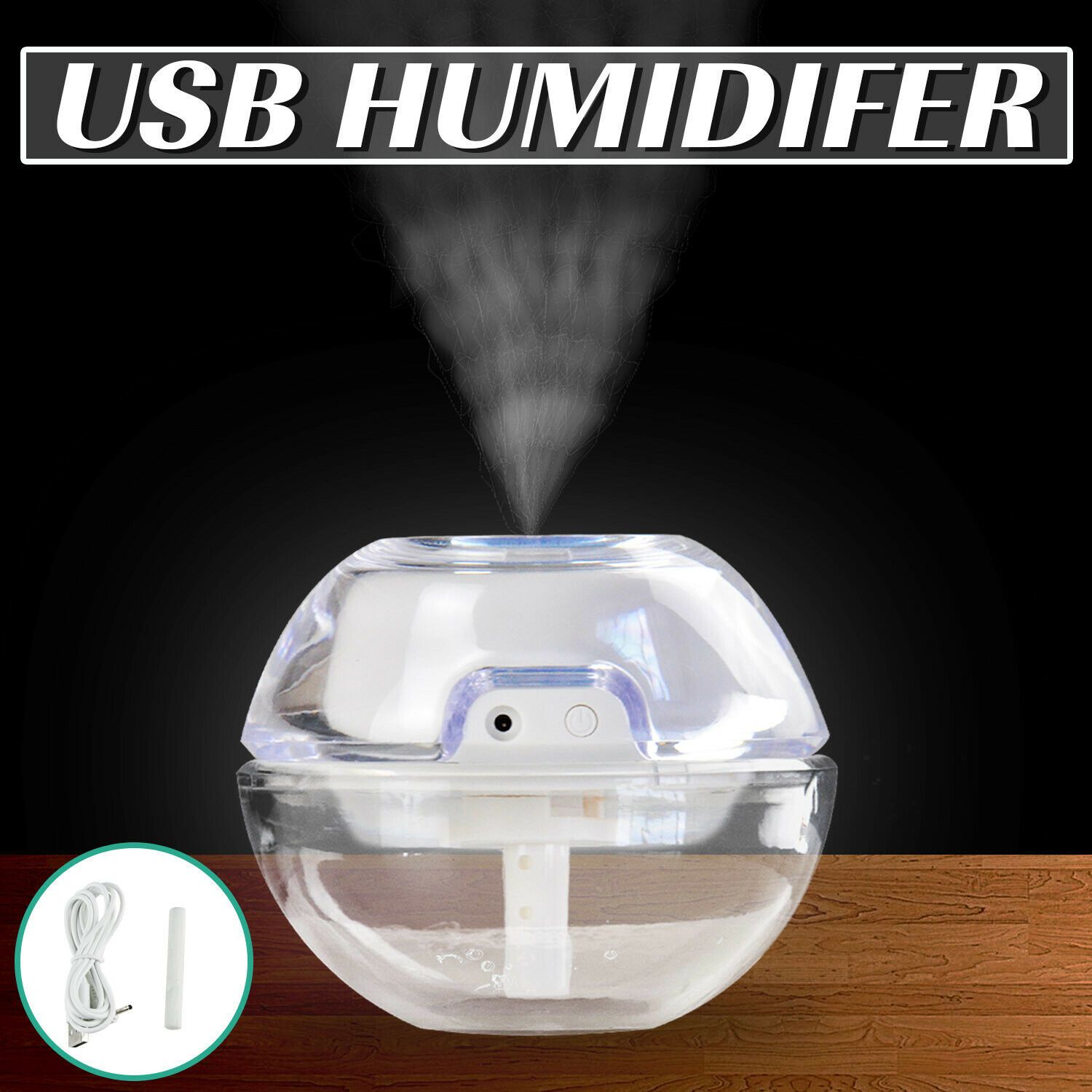 USB Air Humidifier with ultrasonic mist and LED nightlight, featuring a compact design and warm color illumination.