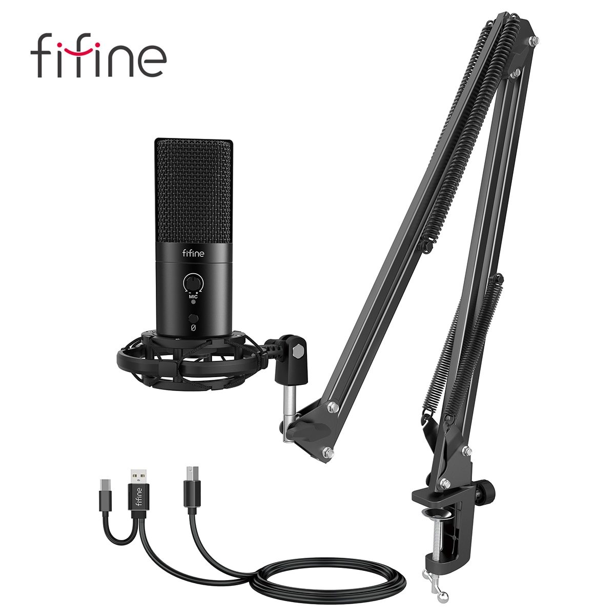 FIFINE USB C&A Gaming Streaming Microphone Kit with arm stand, showcasing a sleek design and professional features for optimal audio capture.