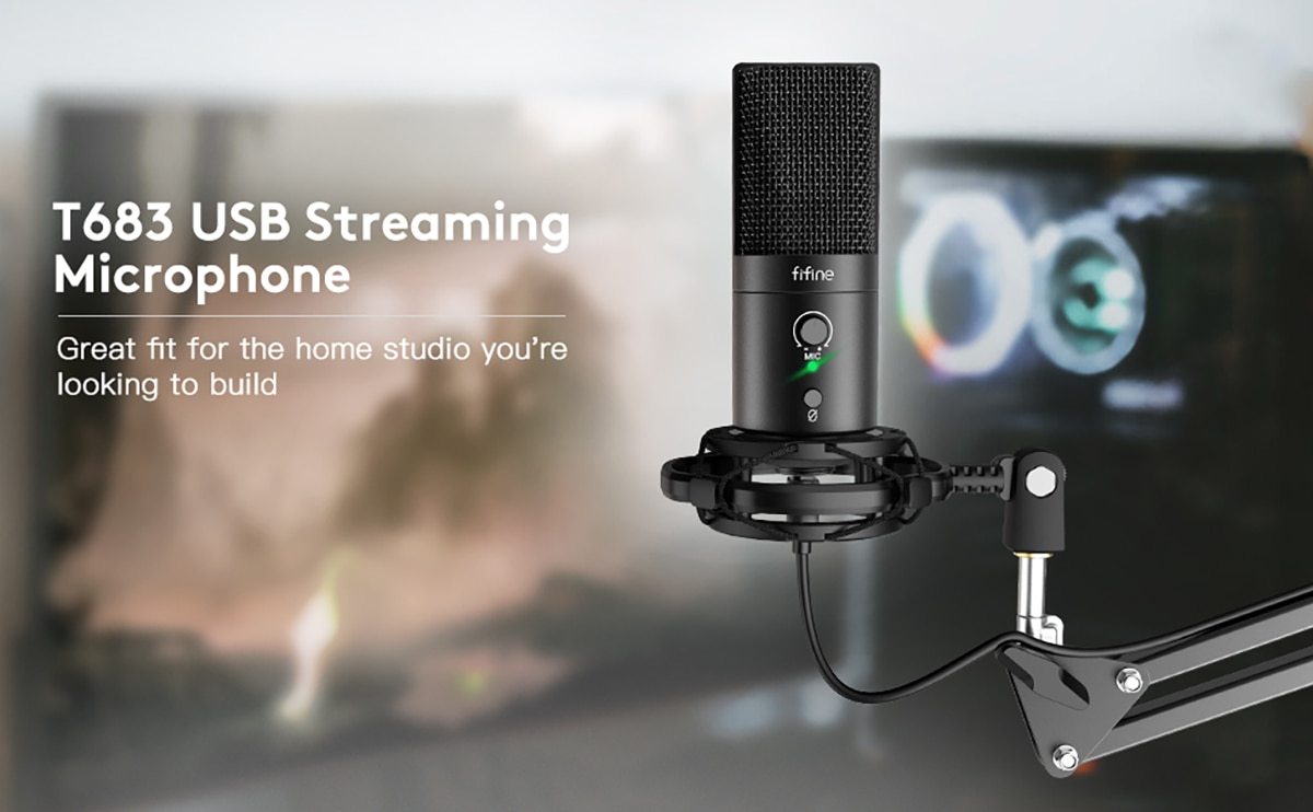 FIFINE USB C&A Gaming Streaming Microphone Kit with arm stand, showcasing a sleek design and professional features for optimal audio capture.