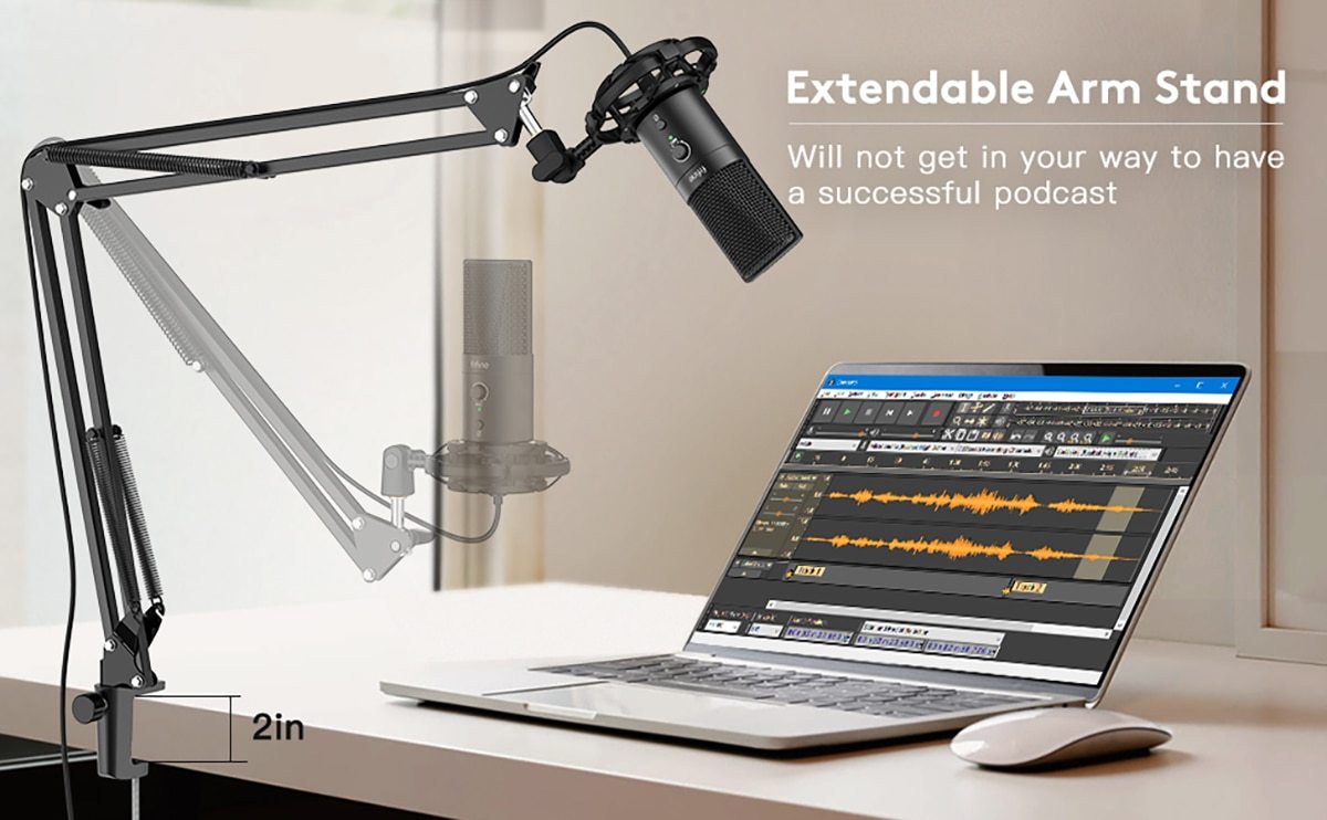 FIFINE USB C&A Gaming Streaming Microphone Kit with arm stand, showcasing a sleek design and professional features for optimal audio capture.