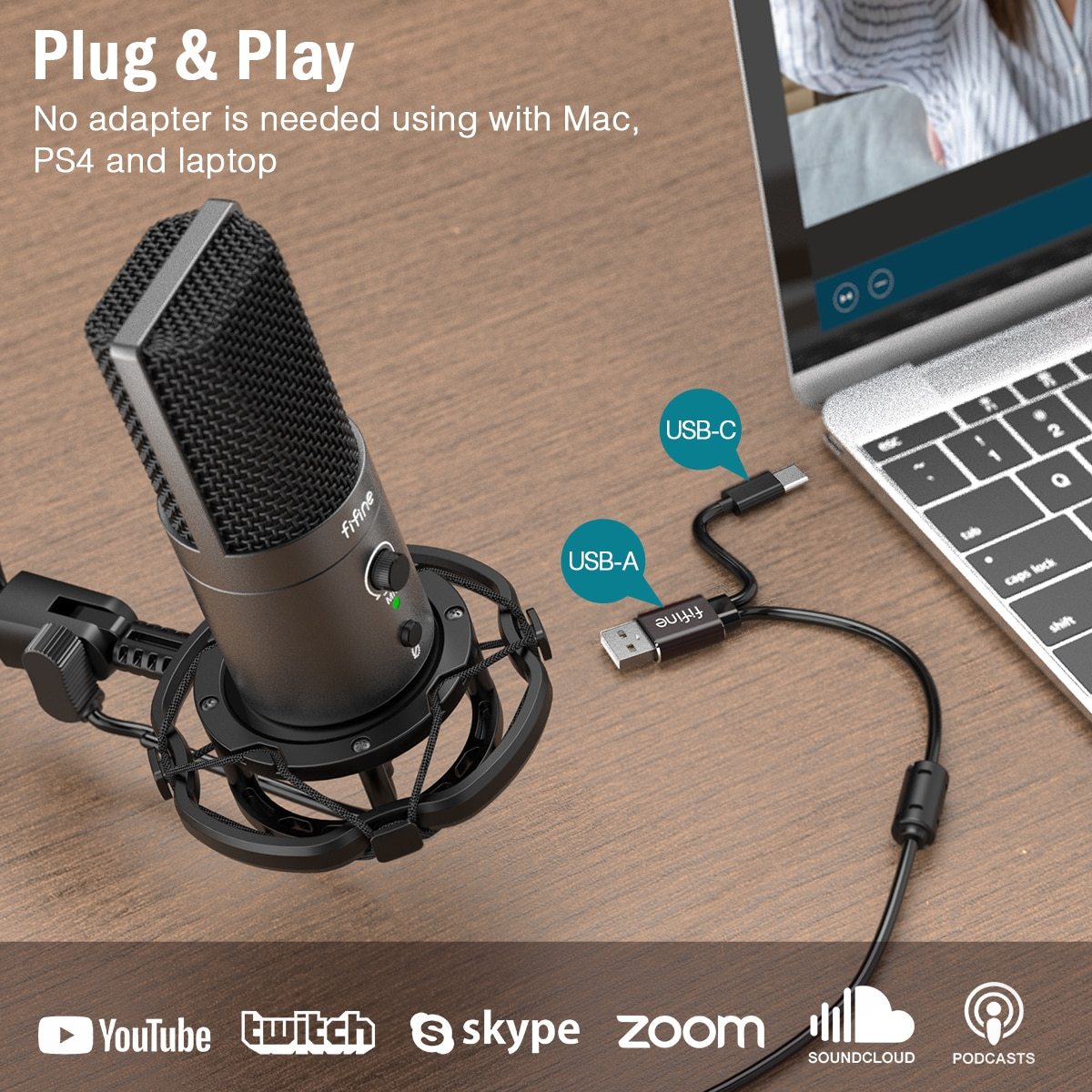 FIFINE USB C&A Gaming Streaming Microphone Kit with arm stand, showcasing a sleek design and professional features for optimal audio capture.