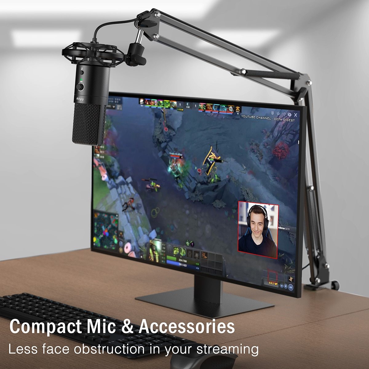 FIFINE USB C&A Gaming Streaming Microphone Kit with arm stand, showcasing a sleek design and professional features for optimal audio capture.