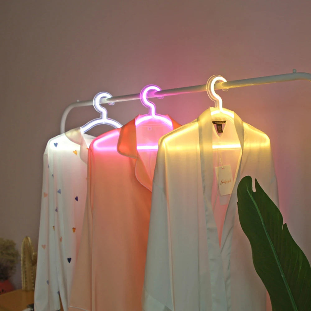 USB LED Neon Light Hanger in vibrant colors, showcasing a stylish coat hanger design with transparent acrylic backing.