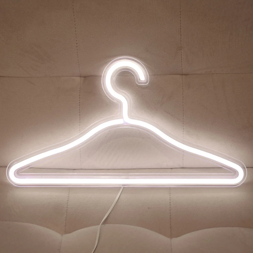 USB LED Neon Light Hanger in vibrant colors, showcasing a stylish coat hanger design with transparent acrylic backing.