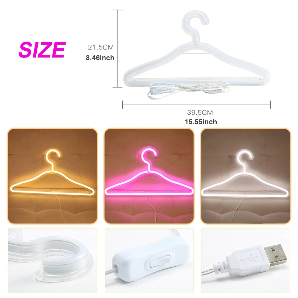 USB LED Neon Light Hanger in vibrant colors, showcasing a stylish coat hanger design with transparent acrylic backing.