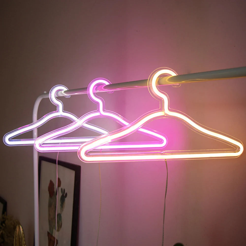 USB LED Neon Light Hanger in vibrant colors, showcasing a stylish coat hanger design with transparent acrylic backing.