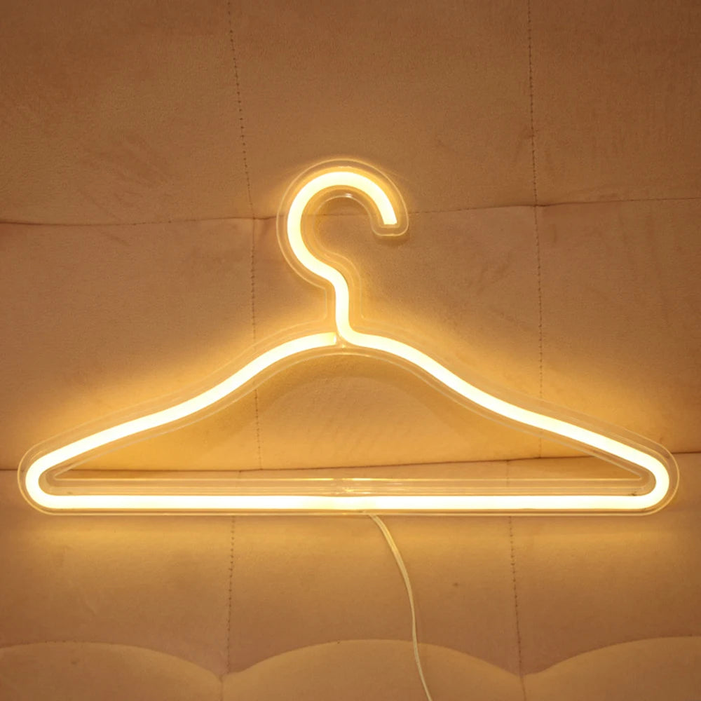 USB LED Neon Light Hanger in vibrant colors, showcasing a stylish coat hanger design with transparent acrylic backing.