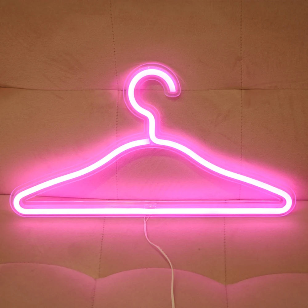 USB LED Neon Light Hanger in vibrant colors, showcasing a stylish coat hanger design with transparent acrylic backing.