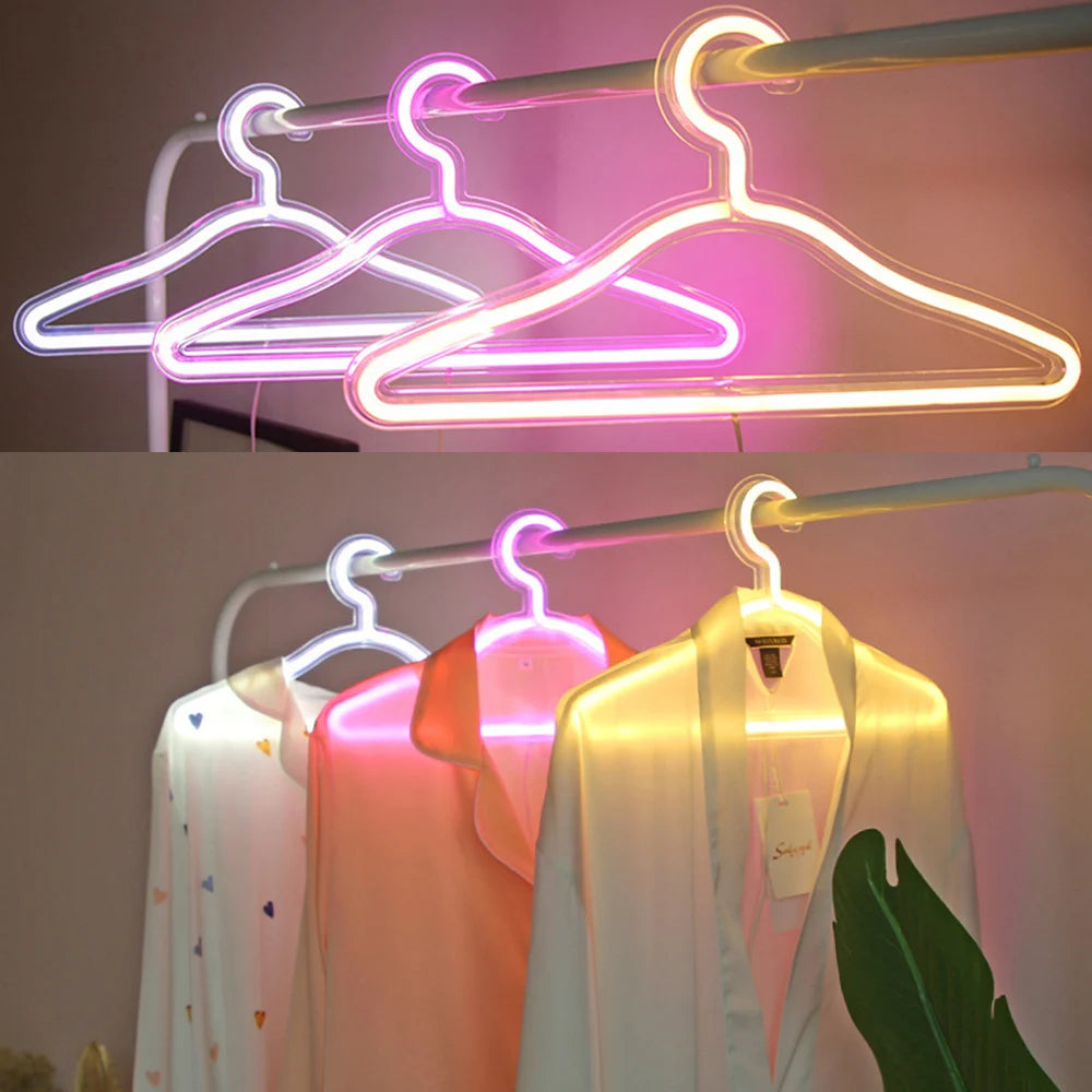 USB LED Neon Light Hanger in vibrant colors, showcasing a stylish coat hanger design with transparent acrylic backing.