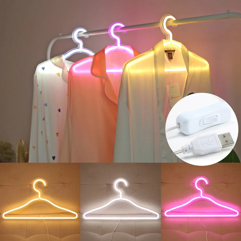 USB LED Neon Light Hanger in vibrant colors, showcasing a stylish coat hanger design with transparent acrylic backing.