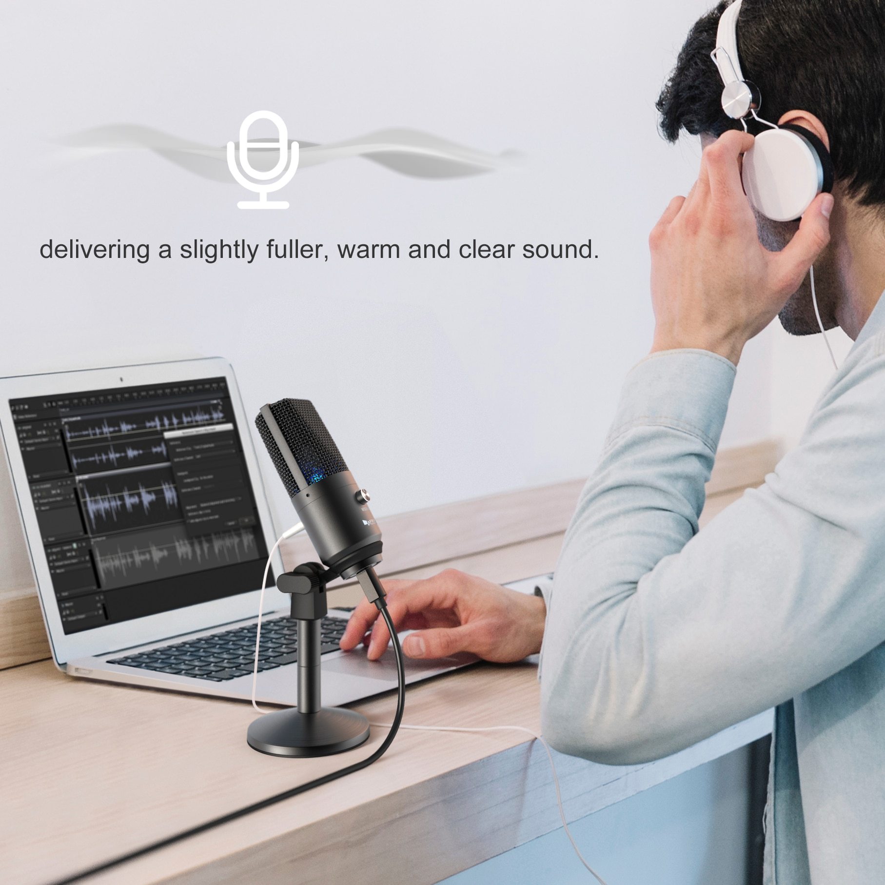 USB Microphone for Mac and PC, featuring a sleek tabletop design and cardioid polar pattern for optimal sound capture.