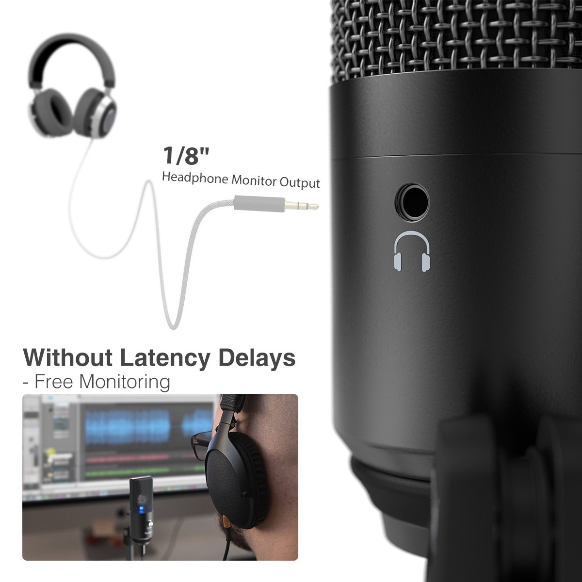 USB Microphone for Mac and PC, featuring a sleek tabletop design and cardioid polar pattern for optimal sound capture.