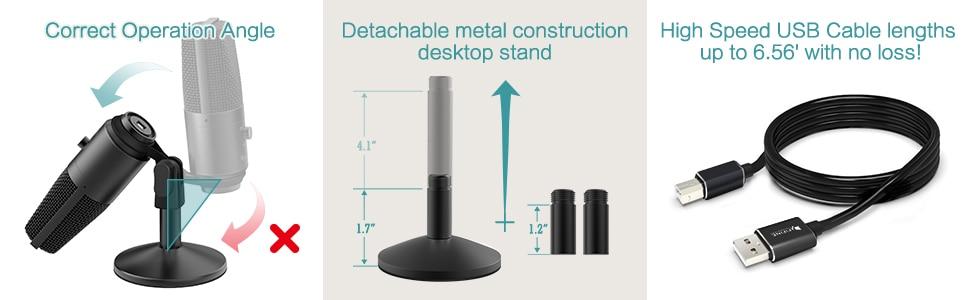 USB Microphone for Mac and PC, featuring a sleek tabletop design and cardioid polar pattern for optimal sound capture.