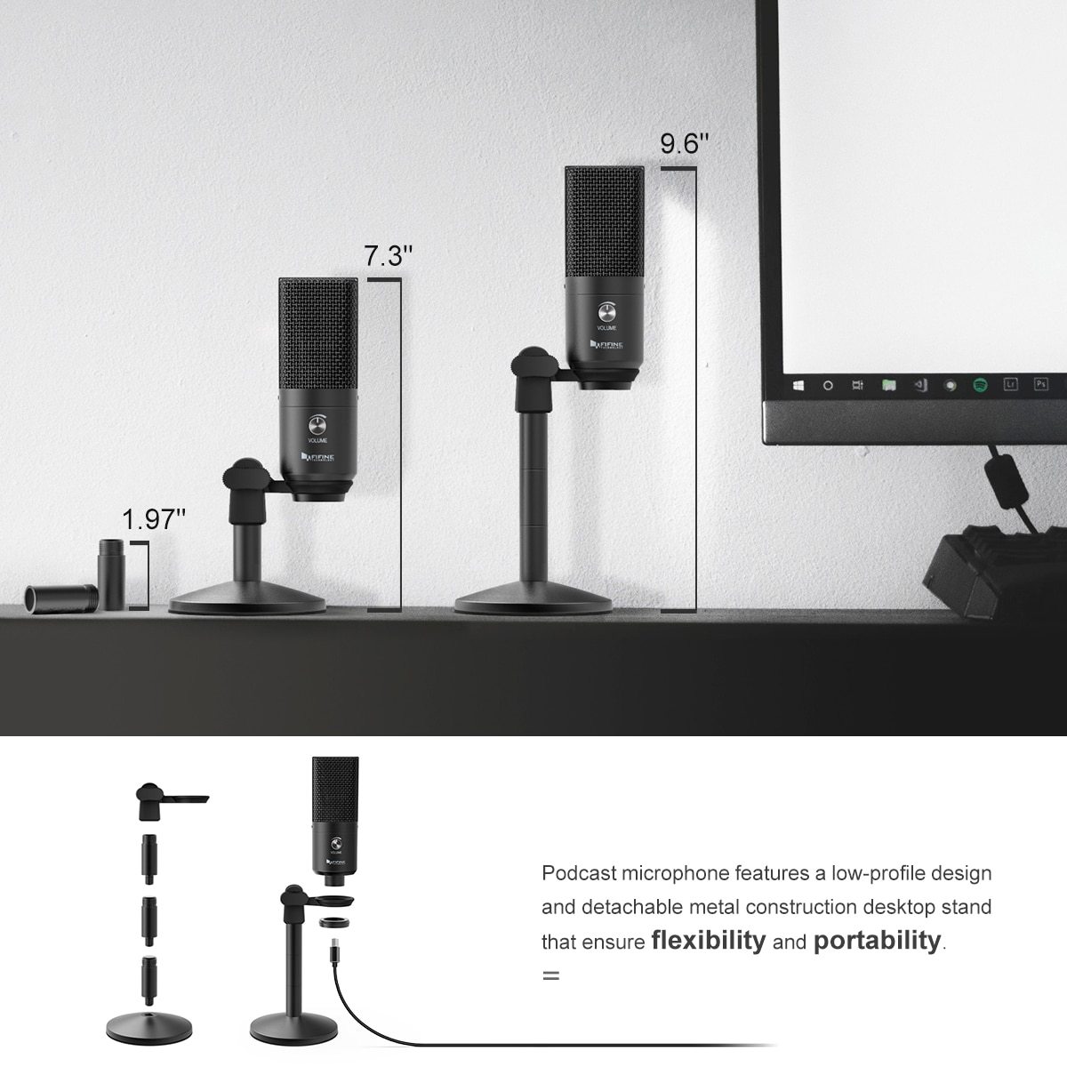 USB Microphone for Mac and PC, featuring a sleek tabletop design and cardioid polar pattern for optimal sound capture.