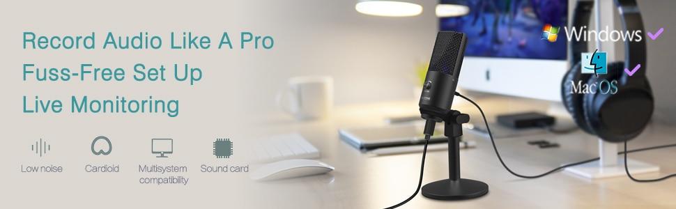 USB Microphone for Mac and PC, featuring a sleek tabletop design and cardioid polar pattern for optimal sound capture.