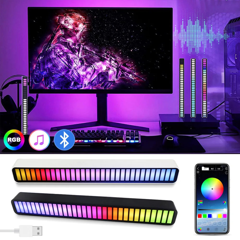 USB Smart Light Bars in a stylish setting, showcasing vibrant RGB colors and sound-activated features.