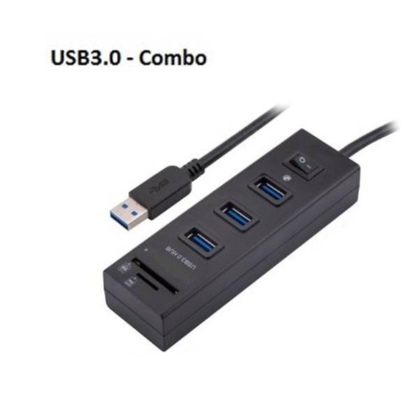 USB3.0 HUB featuring 3 ports, a switch, and a built-in card reader, designed for enhanced connectivity.