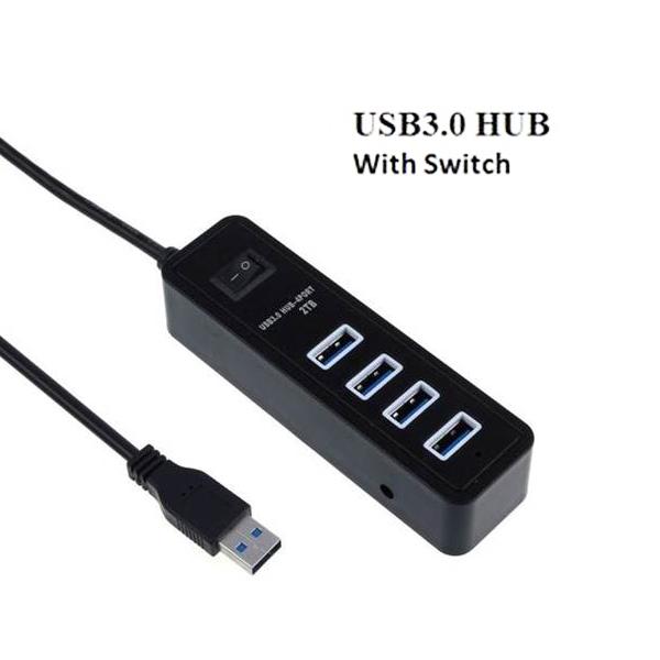 USB3.0 HUB 4 Port with Switch featuring four USB ports and a power switch, designed for high-speed connectivity.