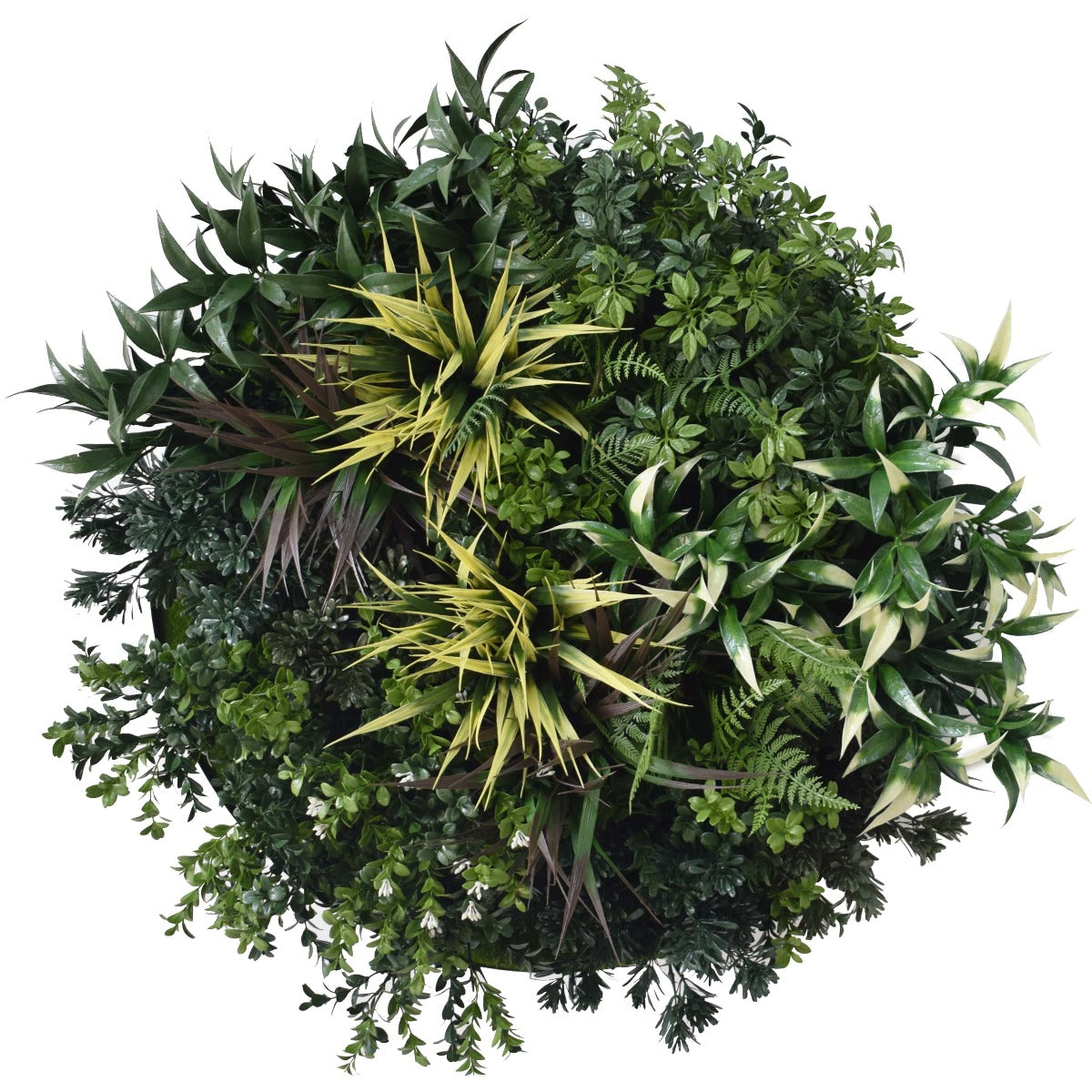 A vibrant 60cm UV Green Fields Green Wall Disc featuring lush artificial foliage and a painted metal border, perfect for indoor or outdoor decor.