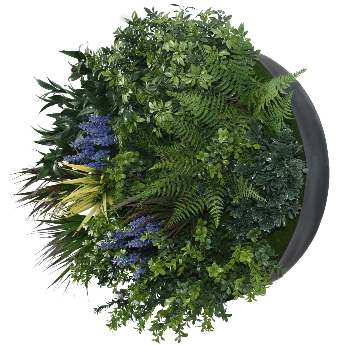 A vibrant 60cm UV Lavender Fields Green Wall Disc featuring hand-assembled artificial foliage in a stylish black metal frame.