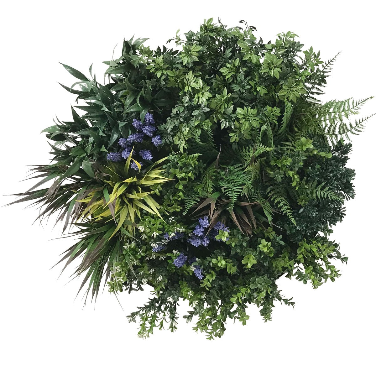 A vibrant 60cm UV Lavender Fields Green Wall Disc featuring hand-assembled artificial foliage in a stylish black metal frame.