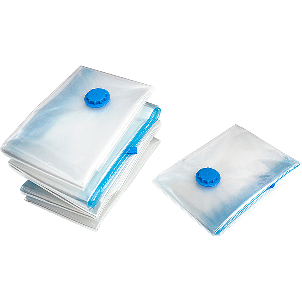 A set of 12 vacuum bags for clothes, showcasing their compact design and zip slider seal for airtight storage.