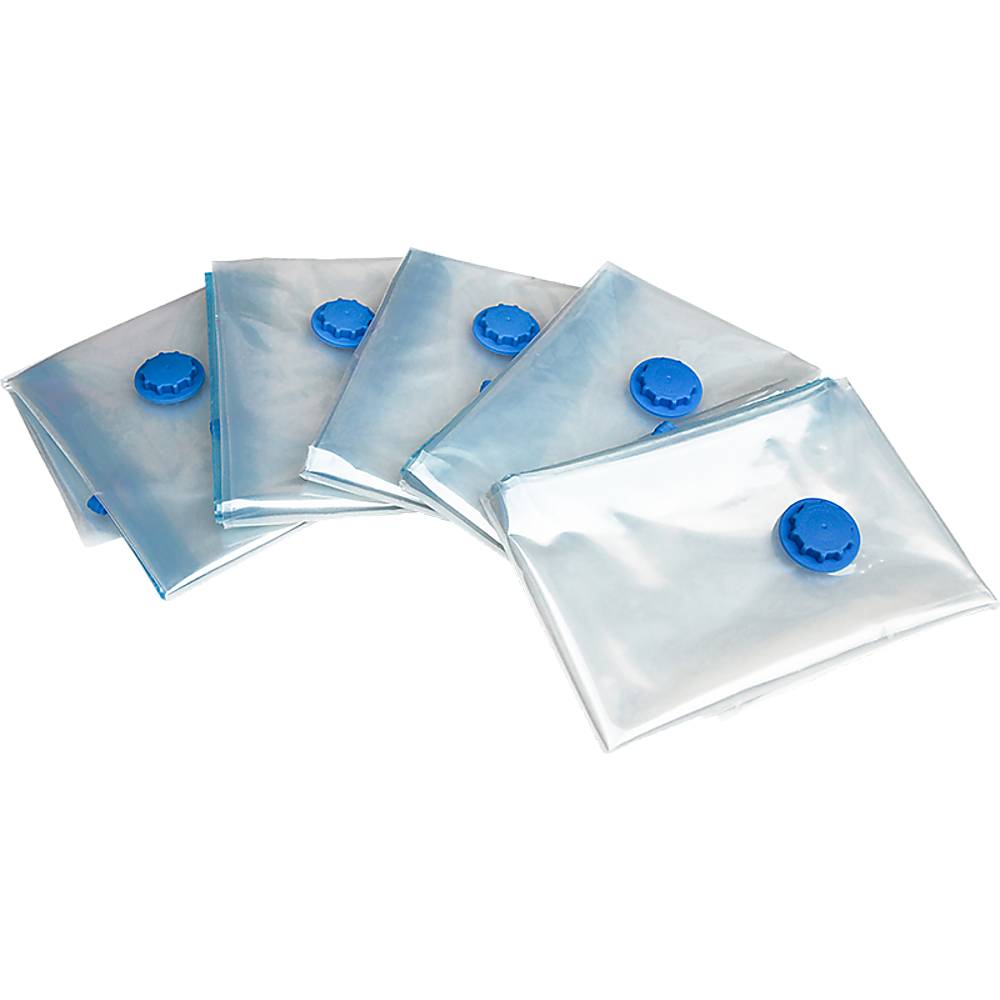 A set of 12 vacuum bags for clothes, showcasing their compact design and zip slider seal for airtight storage.