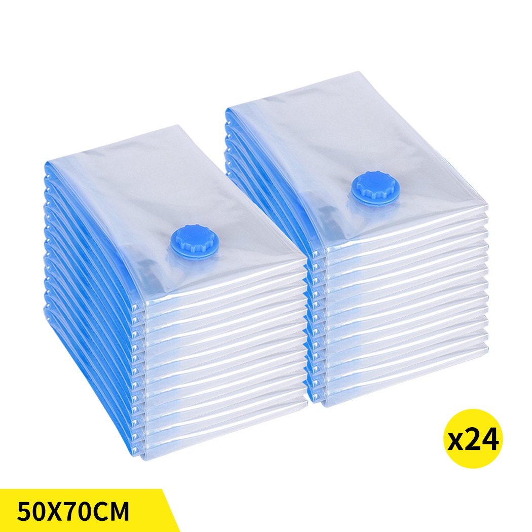 A set of transparent vacuum storage bags with an air pump, ideal for compressing clothes and quilts to save space.