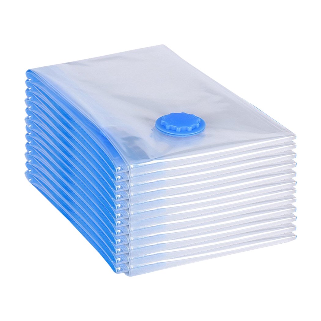 A set of transparent vacuum storage bags with various sizes, showcasing their space-saving design and included air pump for easy vacuum sealing.