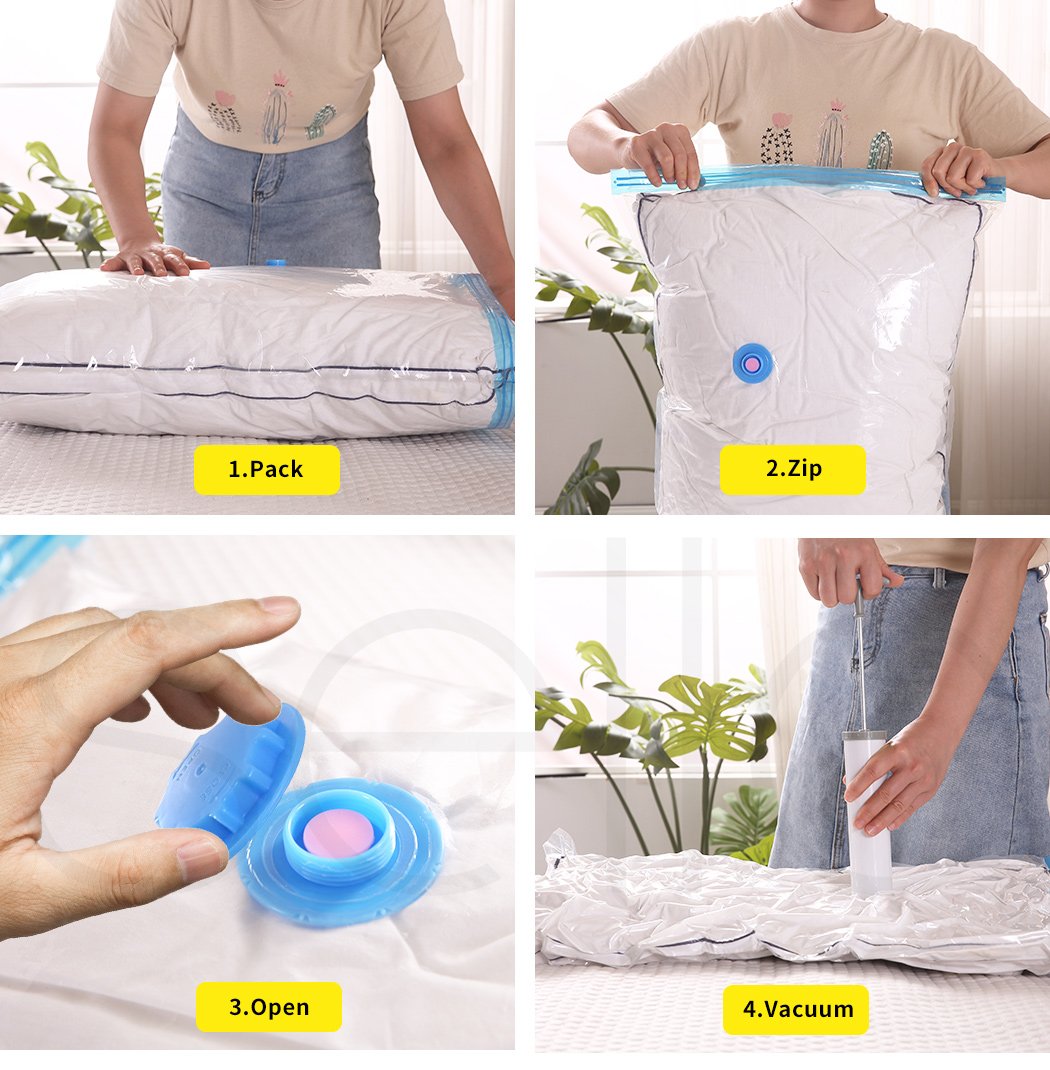 A set of vacuum storage bags with an air pump, showcasing various sizes for compressing clothes and quilts, designed for space-saving storage.