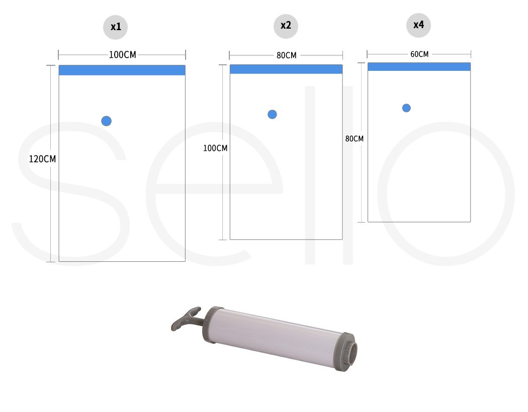A set of vacuum storage bags with an air pump, showcasing various sizes for compressing clothes and quilts, designed for space-saving storage.