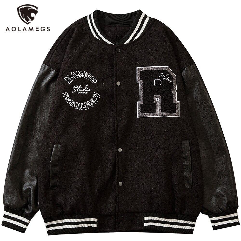 Men's varsity jacket featuring leather patchwork and letter patches, available in black and pink colors.