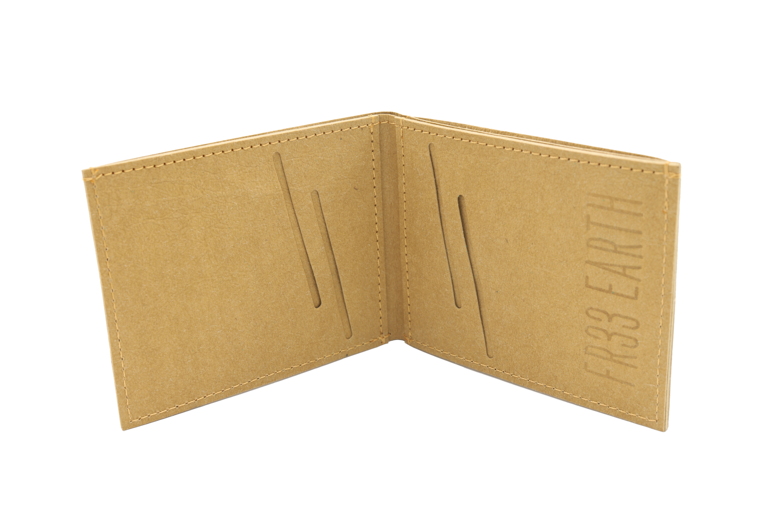 Camel brown vegan wallet made from durable German Kraft Paper, featuring a slim design, card slots, and a secret coin pouch.