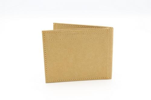 Camel brown vegan wallet made from durable German Kraft Paper, featuring a slim design, card slots, and a secret coin pouch.