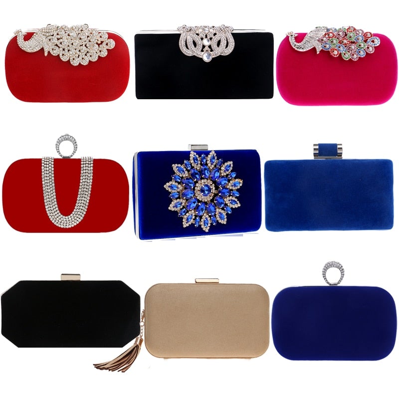 A luxurious velvet evening bag for women featuring a rhinestone flower design, perfect for parties and formal occasions.