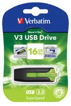 VERBATIM 16GB V3 USB3.0 Green Store'n'Go V3 with retractable design, showcasing vibrant color and compact size.