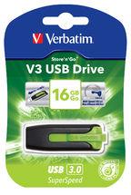 VERBATIM 16GB V3 USB3.0 Green Store'n'Go V3 with retractable design, showcasing vibrant color and compact size.