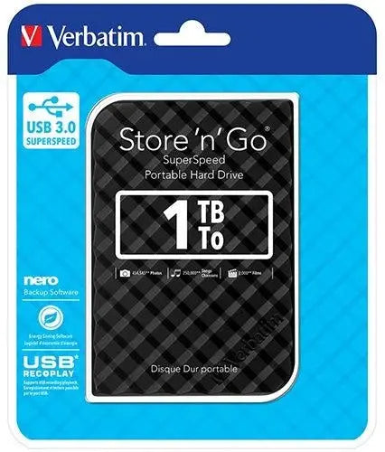 Verbatim 1TB USB 3.0 external hard drive with a sleek black grid design, compact and portable for easy storage.