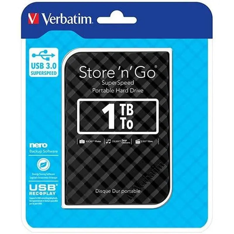 VERBATIM 2.5' Mobile HD 1TB external hard drive with sleek design and USB 3.0 port.