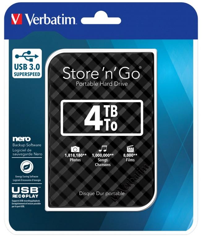 Verbatim 4TB USB 3.0 portable hard drive with a sleek black grid design, ideal for high-speed data storage.