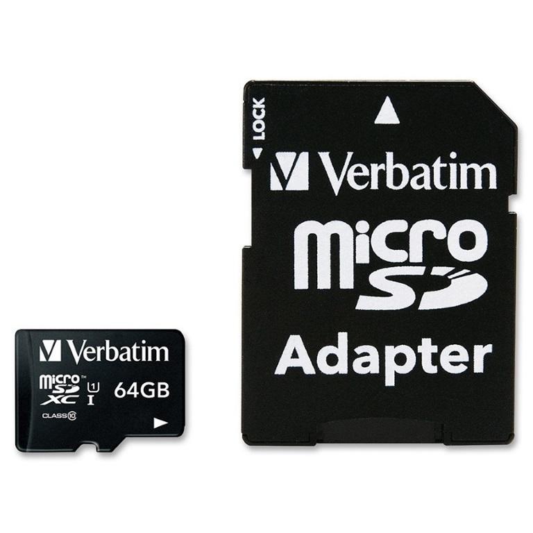 VERBATIM 64GB Micro SDXC Card Class 10 UHS-I with SD adapter, showcasing its compact design and high storage capacity.