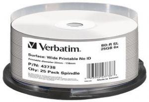 Verbatim Blu-Ray BD-R 25pk spindle containing 25GB recordable discs with white inkjet printable surface.