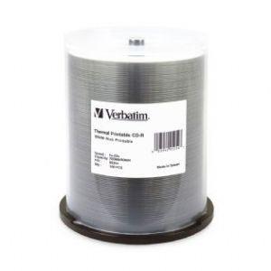 VERBATIM CD-R 700MB discs in a 100 pack, featuring a white surface for thermal printing.